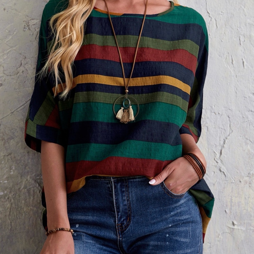 Emery Rose Colorblock Striped Batwing Sleeve Women's Blouse Size Medium